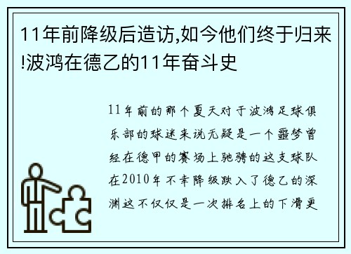 11年前降级后造访,如今他们终于归来!波鸿在德乙的11年奋斗史