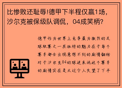 比惨败还耻辱!德甲下半程仅赢1场，沙尔克被保级队调侃，04成笑柄？