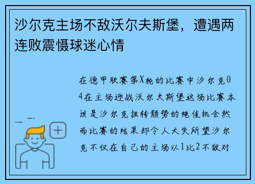 沙尔克主场不敌沃尔夫斯堡，遭遇两连败震慑球迷心情