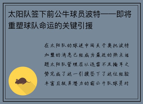 太阳队签下前公牛球员波特——即将重塑球队命运的关键引援