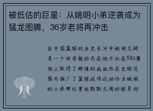 被低估的巨星：从姚明小弟逆袭成为猛龙图腾，36岁老将再冲击