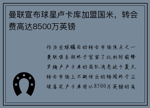 曼联宣布球星卢卡库加盟国米，转会费高达8500万英镑